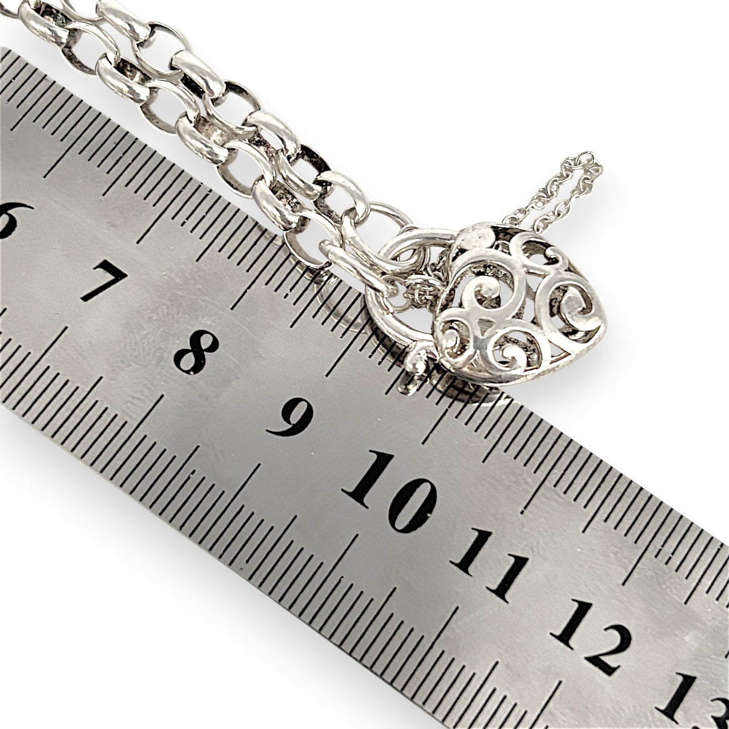 SILVER DEAL | Sterling Silver Filigree Heart Padlock Bracelet 19cm