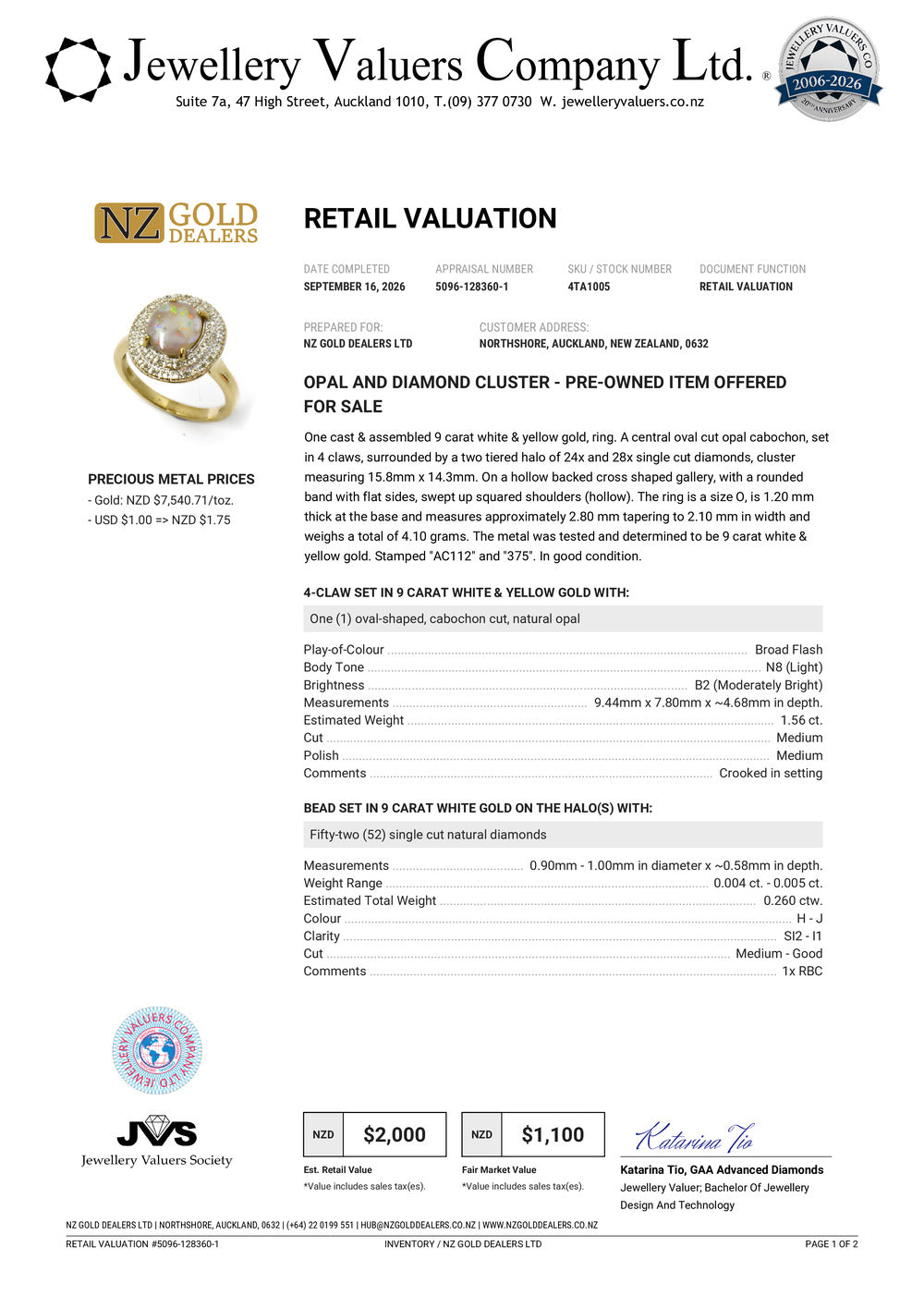 NZGD | 9ct Gold Vintage Style Opal Ring Valuation $2,000