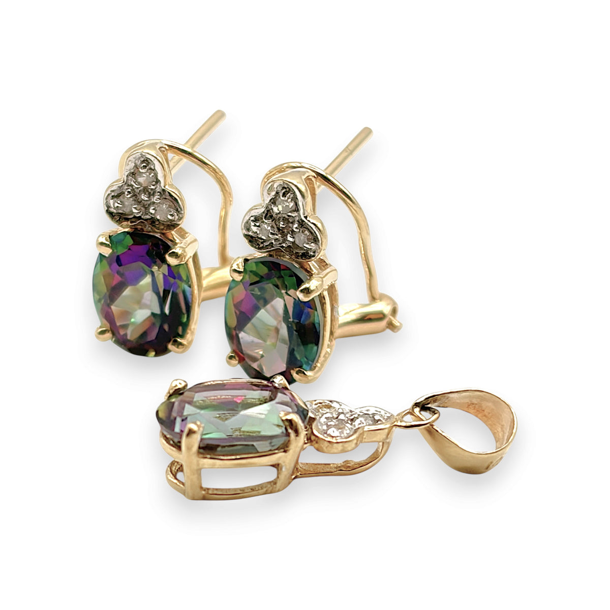 NZGD | 14ct Gold Mystic Topaz & Diamond Pendant Earring Set