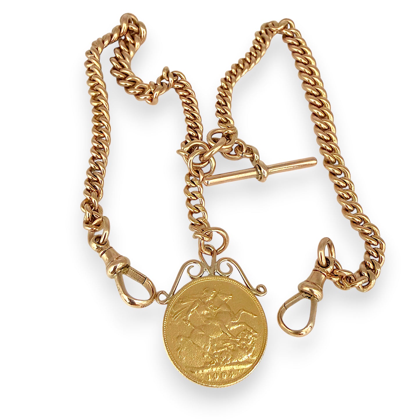 NZGD | 22ct 1904 Full Sovereign with 9ct Curb Chain with T Bar
