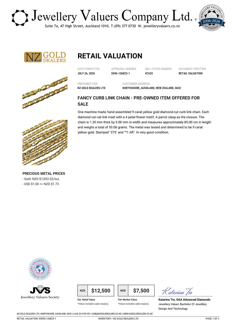 NZGD | 9ct Gold UNOAERRE Clover‑Link Signature Chain 84cm Valuation $12,500