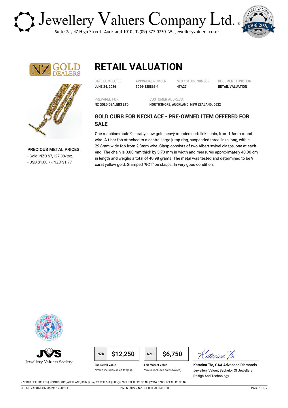 NZGD | 9ct Gold Vintage Heirloom T‑Bar Necklace Valuation $12,250