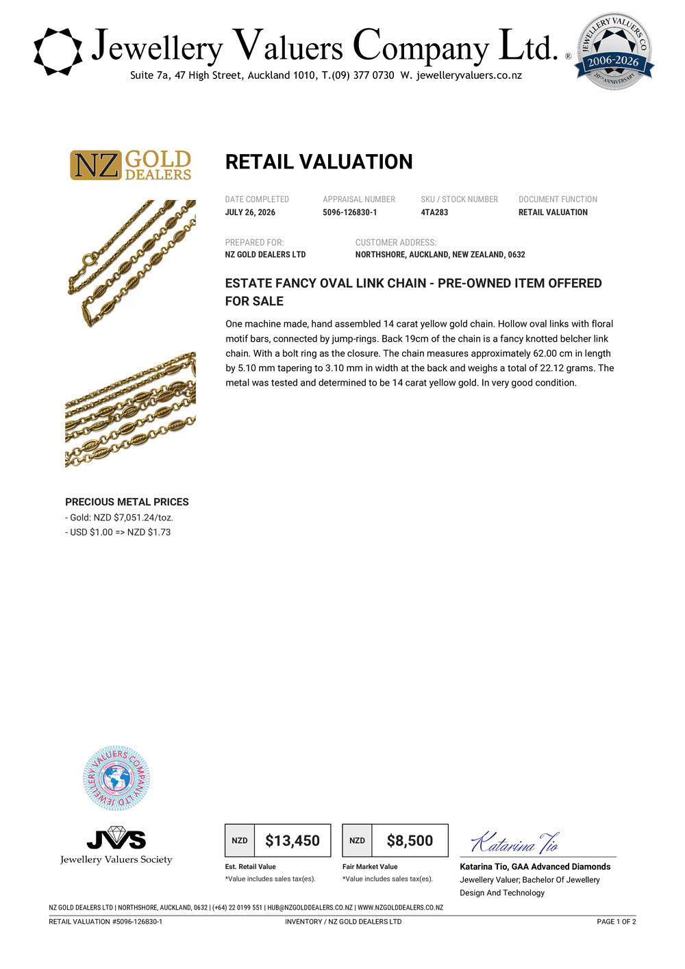 NZGD | 14ct Gold Vintage Solstice Chain Valuation $13,450