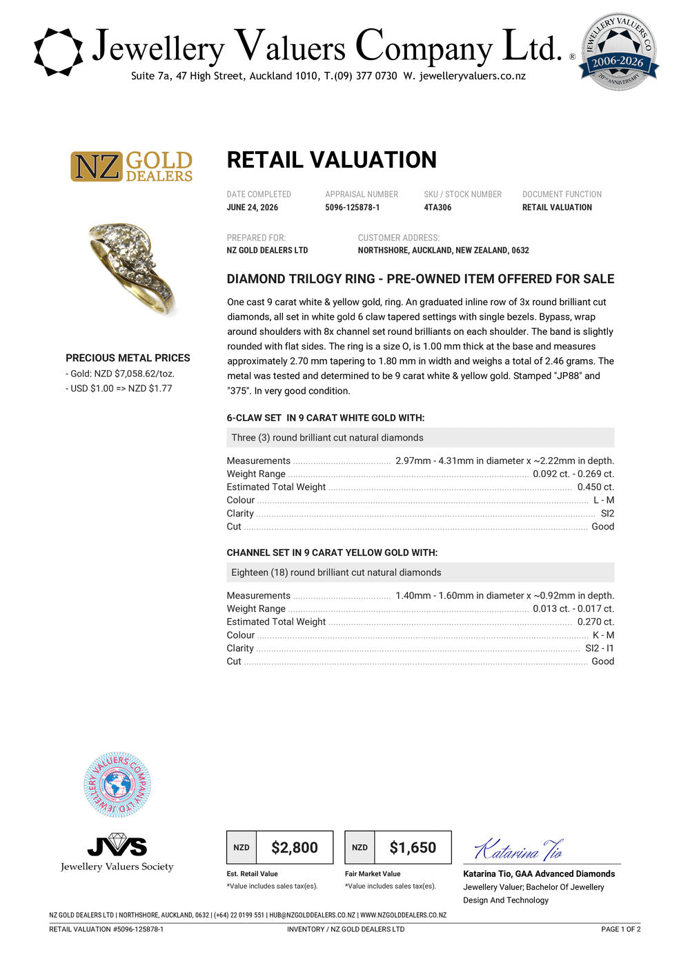 NZGD | 9ct Gold Golden Curve Trilogy Ring Valuation $2,800