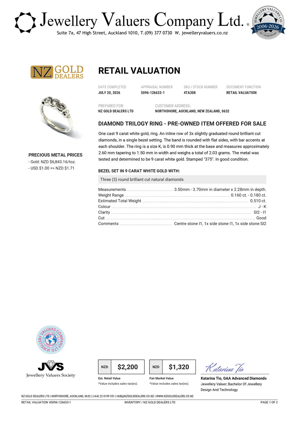 NZGD | 9ct White Gold  Frostline Trilogy Diamond Ring Valuation $2,200