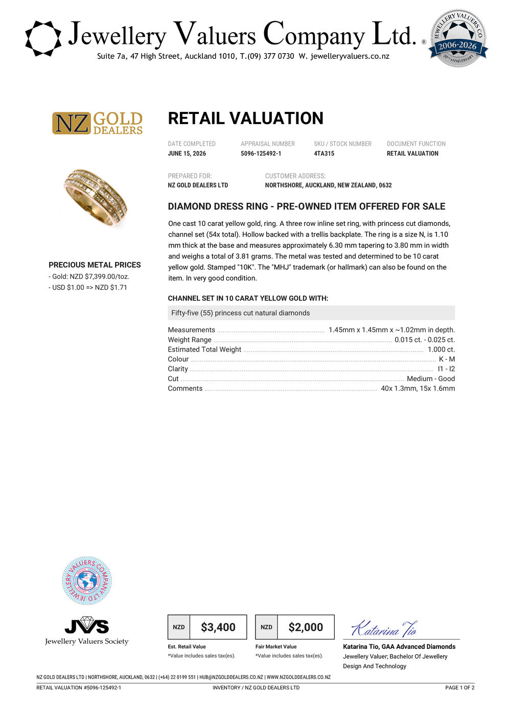 NZGD | 10ct Gold MHJ Diamond Precision Band Valuation $3,400
