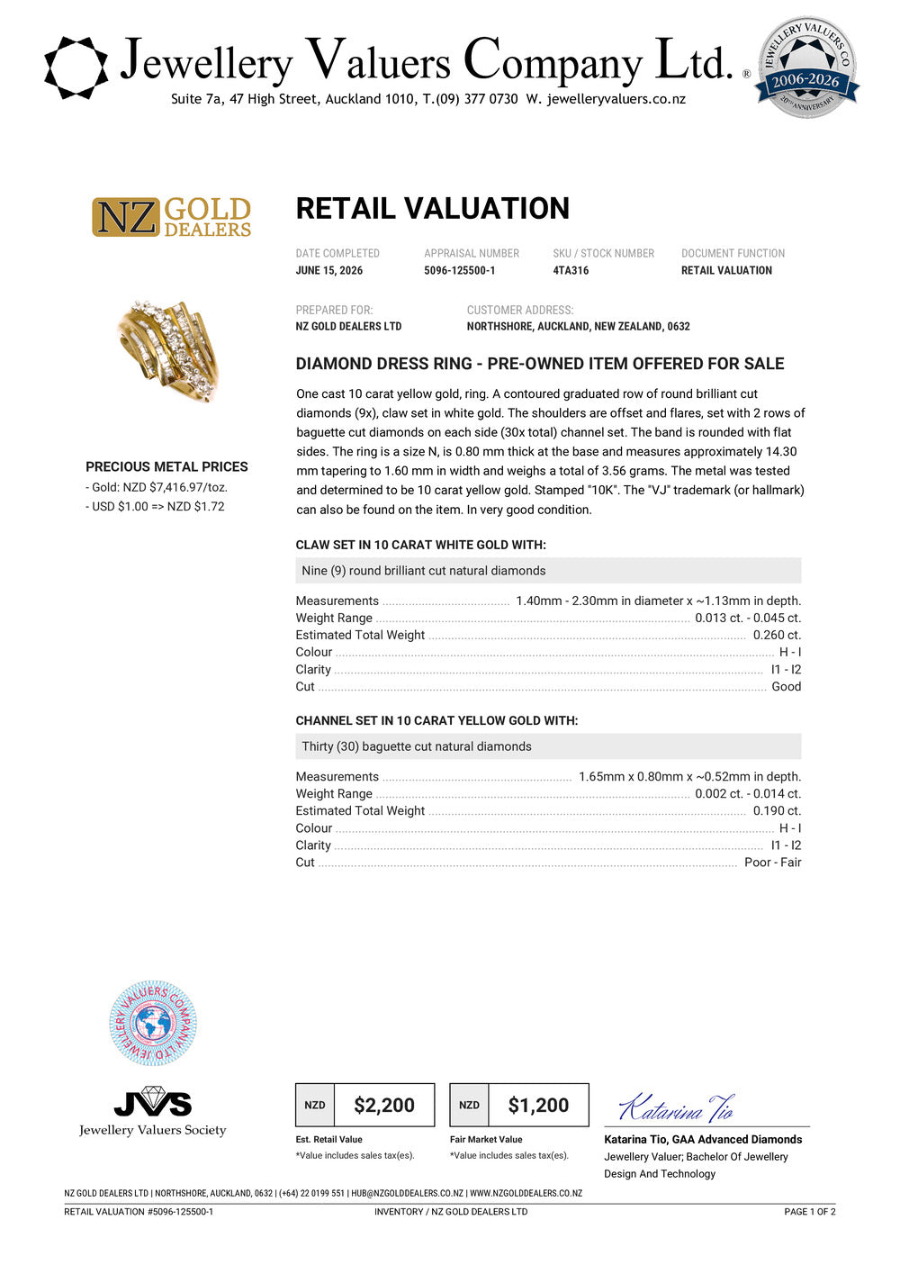 NZGD | 10ct Gold Diamond Baguette Wave Ring Valuation $2,200