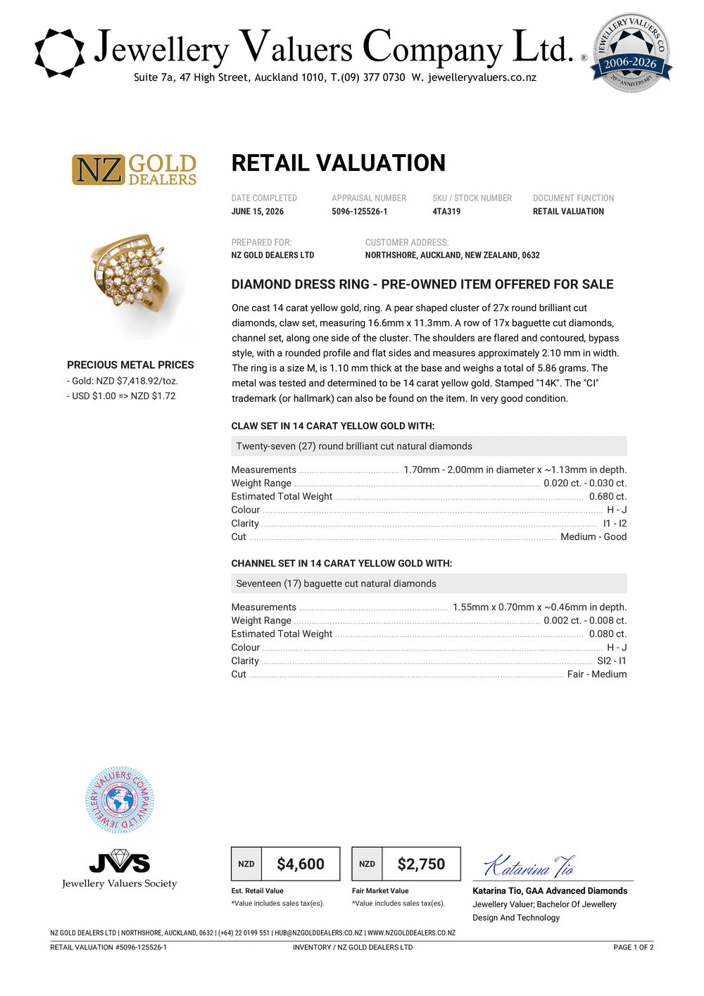 NZGD | 14ct Gold Heartflare Cluster Ring Valuation $4,600