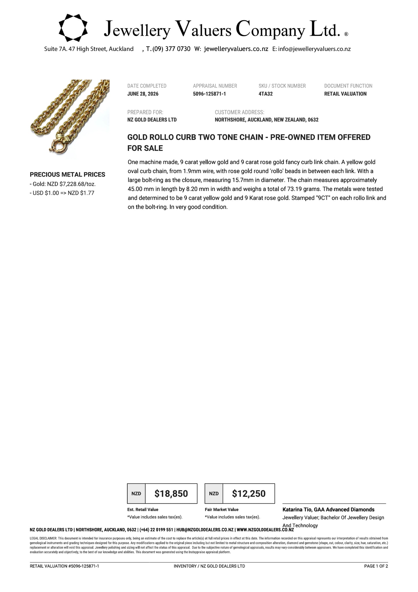 NZGD | 9ct Y/R Gold Classic Rollo Chain Valuation $18,850
