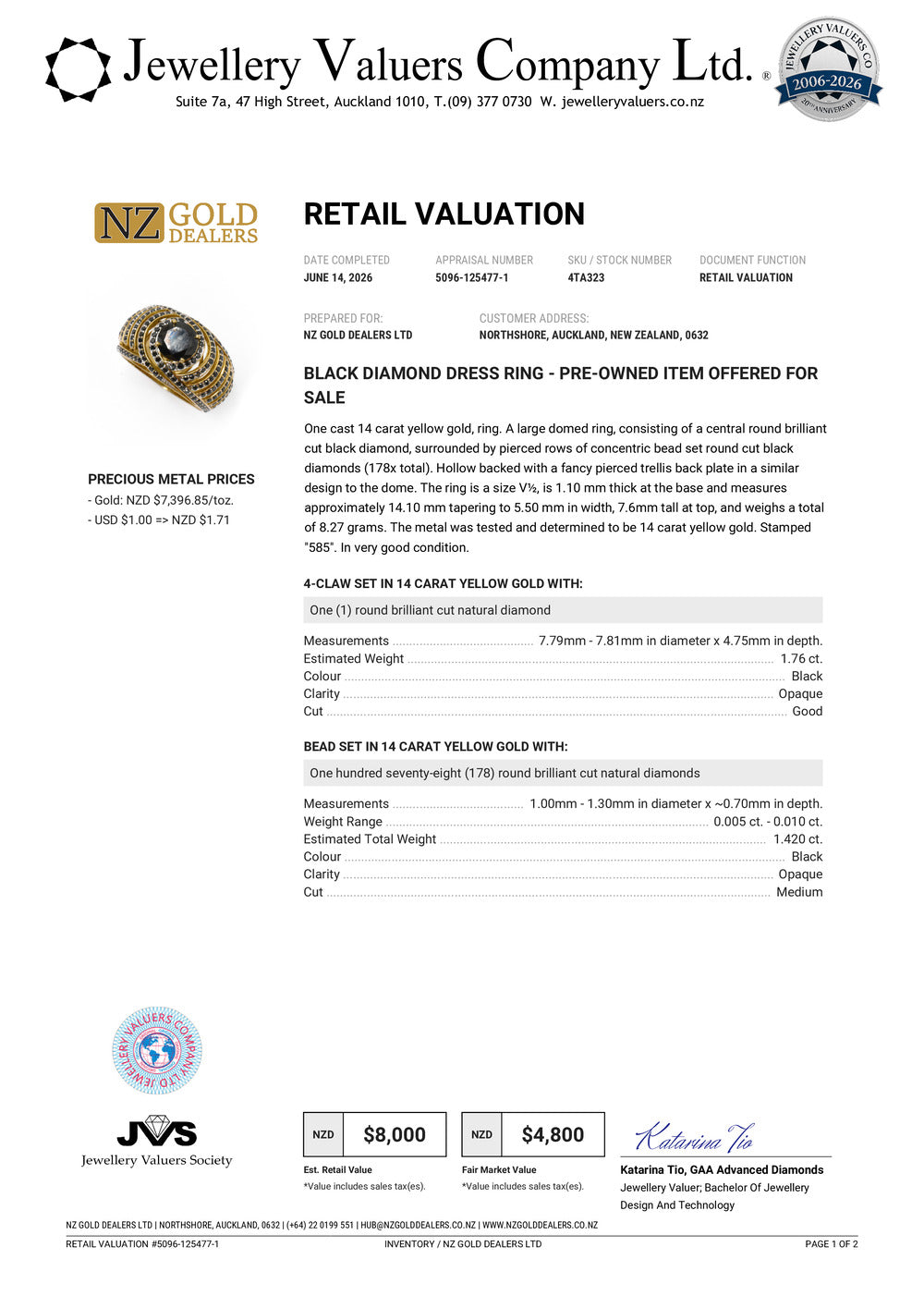 NZGD | 14ct Gold Black Diamond Eclipse Crest Ring Valuation $8,000