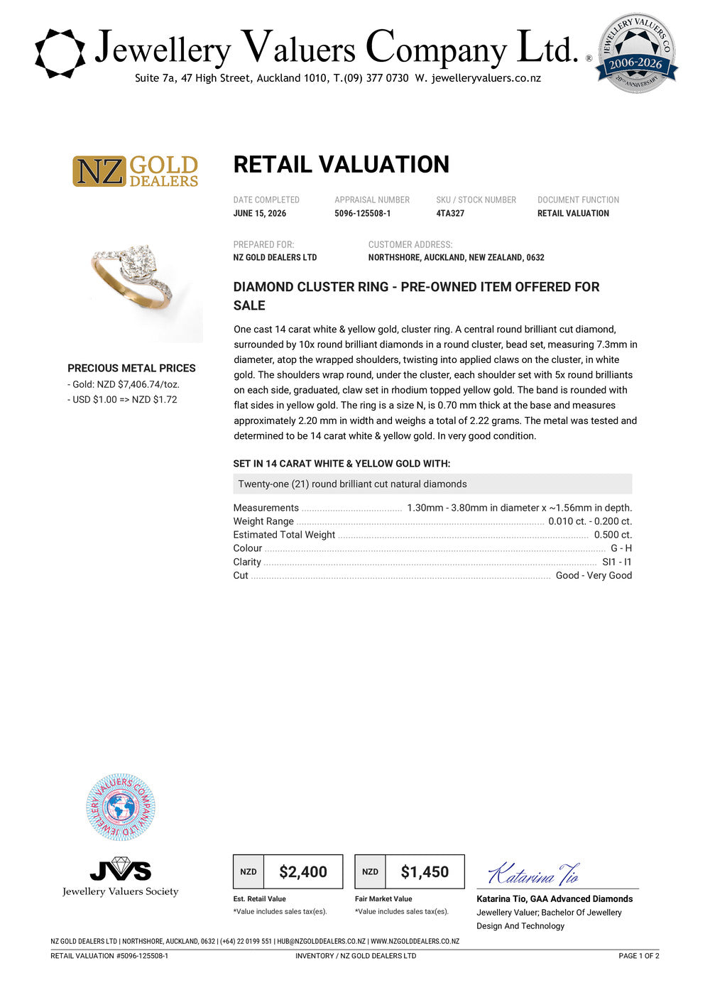 NZGD | 14ct Gold Celeste Diamond Cluster Ring Valuation $2,400