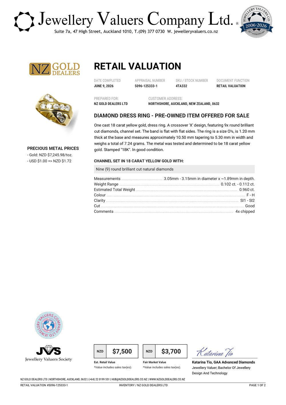 NZGD | 18ct Gold Diamond Crossover Ring Valuation $7,500