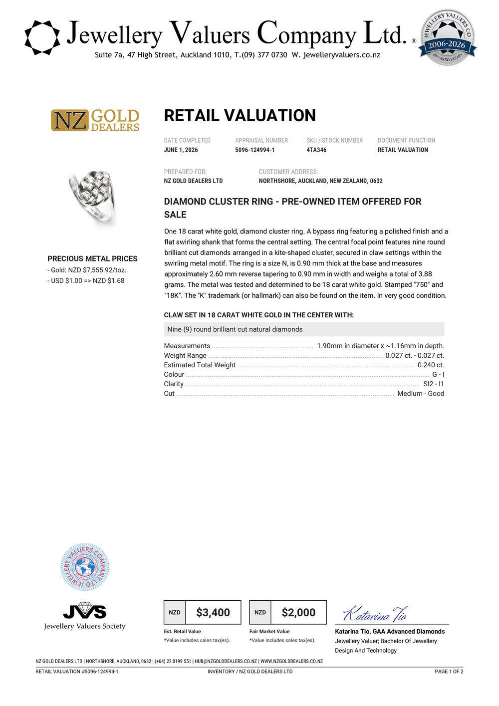 NZGD| 18ct White Gold Whitefire Elegance Ring Valuation $3,400