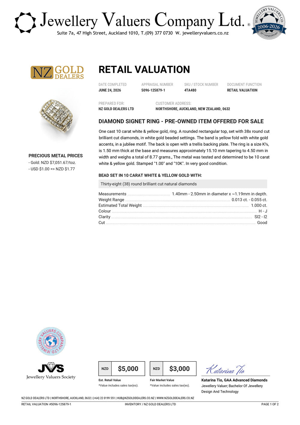 NZGD | 10ct Y/W Gold  Imperial Two‑Tone Diamond Signet Ring Valuation $5,000