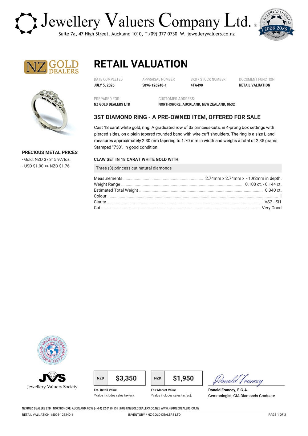 NZGD | 18ct White Gold Princess Trio Diamond Ring Valuation $3,350