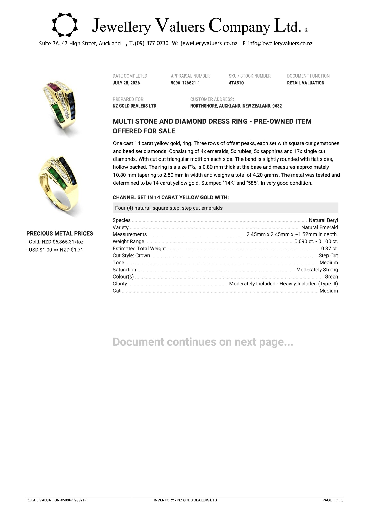 NZGD | 14ct Gold Spectrum Royale Heirloom Ring Valuation $3,000