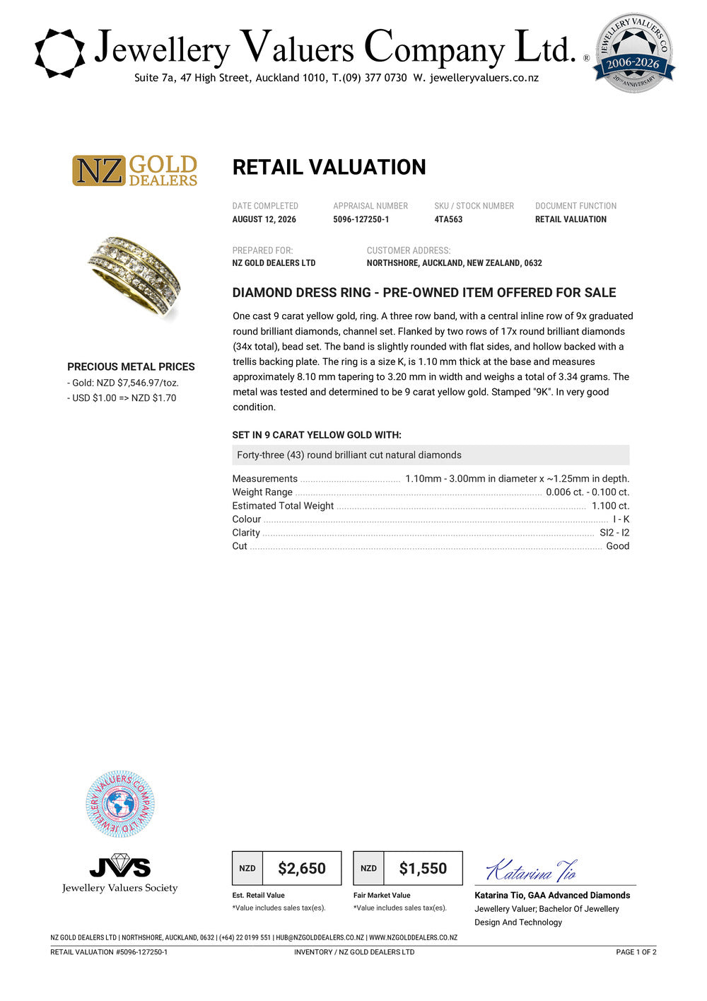 NZGD| 9ct Gold Diamond Cascade Royale Ring Valuation $2,650