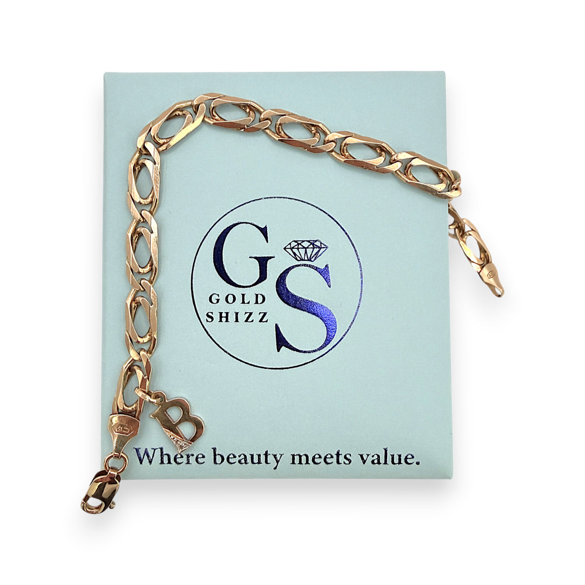 NZGD | 9ct Gold Italian Refined Bracelet with 'B" Initial Charm 19.5cm
