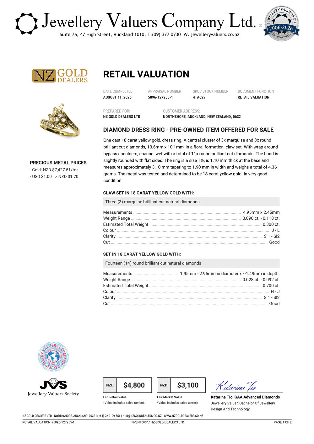 NZGD | 18ct Gold Diamond Dewdrop Pavilion Ring Valuation $4,800
