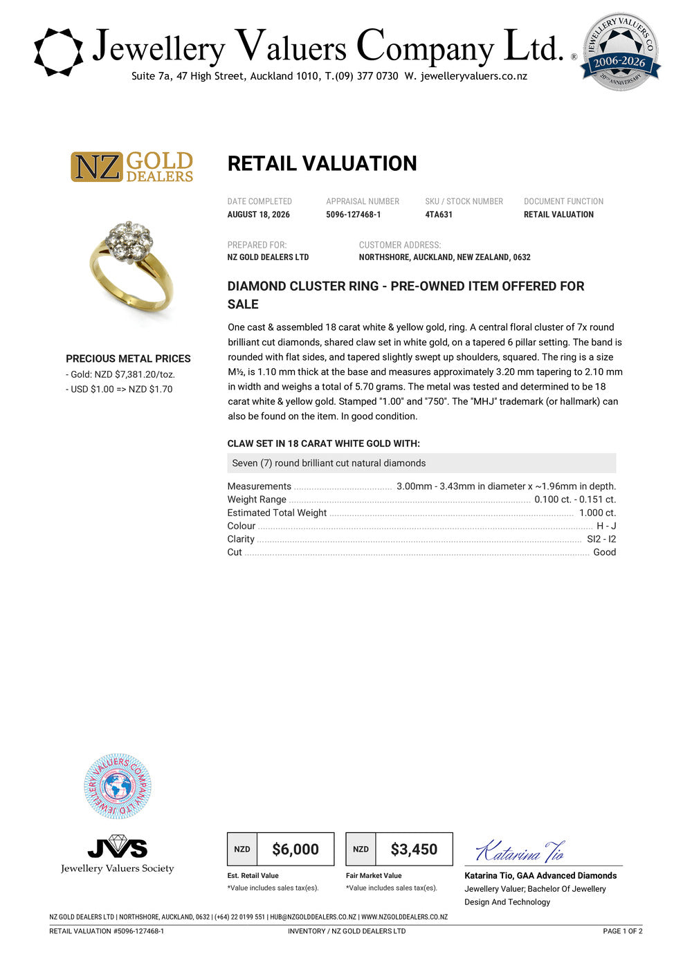 NZGD | 18ct Gold MICHAEL HILL Bloom Diamond Ring Valuation $6,000