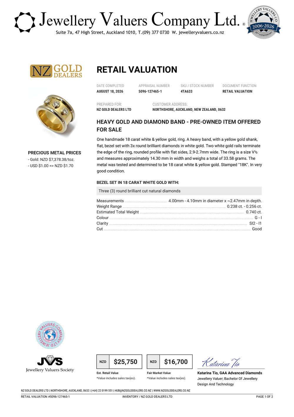 NZGD | 18ct Y/W Gold Regal Horizon Ring Valuation $25,750