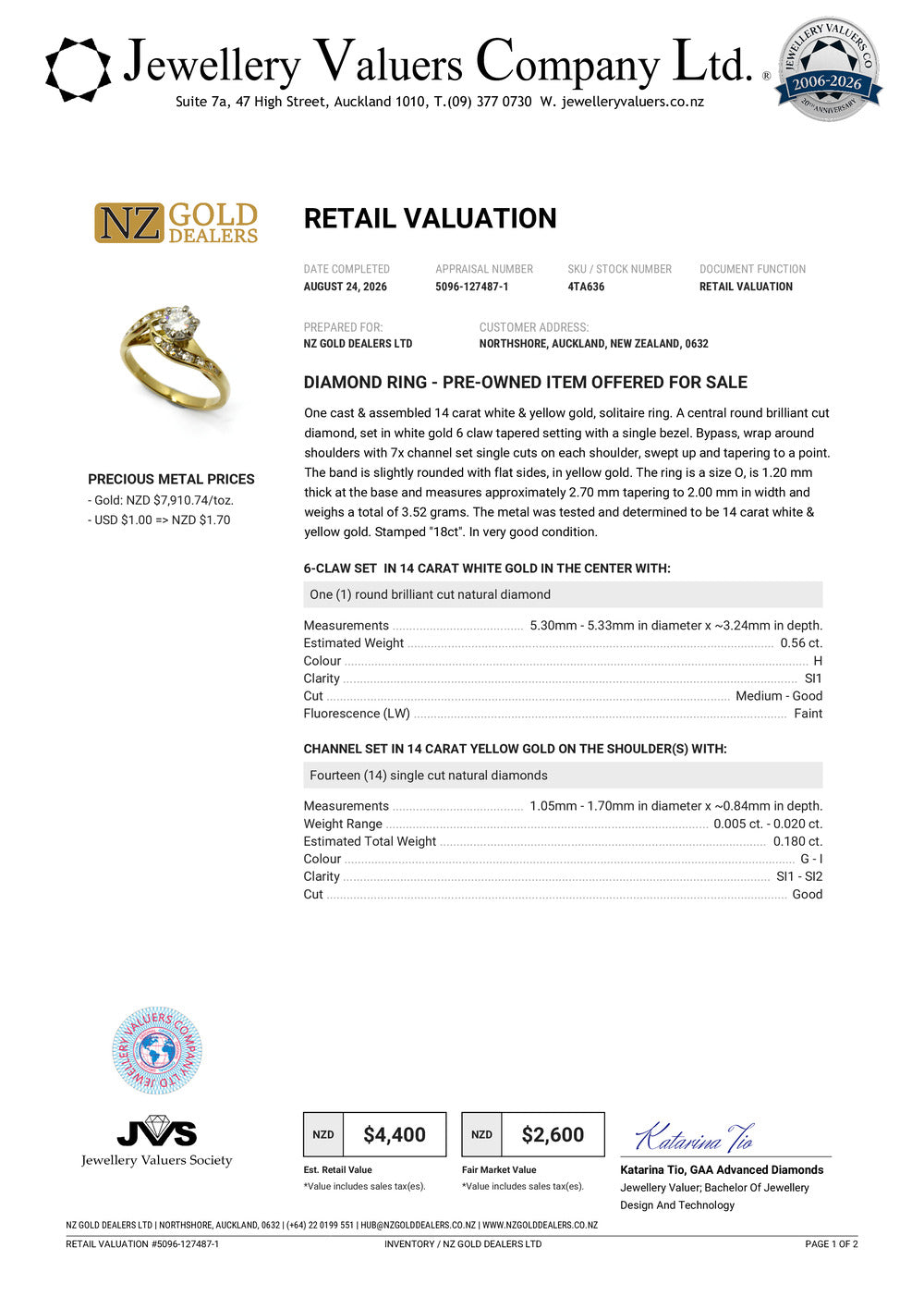 NZGD | 18ct Gold Aurora Twist SolitaireRing Valuation $4,400