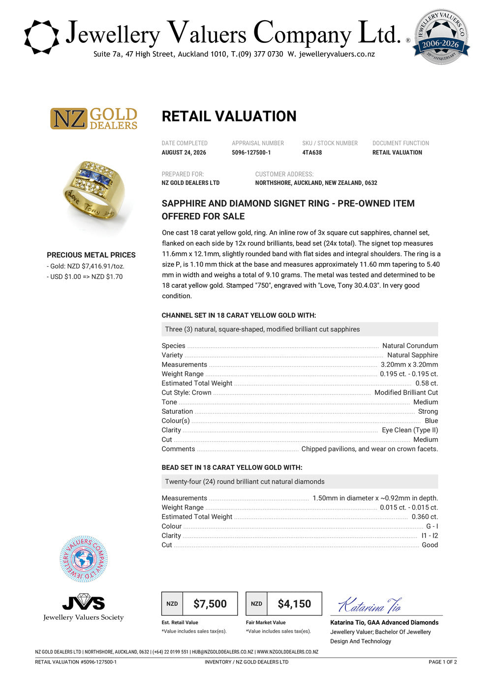 NZGD | 18ct Gold Sapphire Regent Crest Ring Valuation $7,500