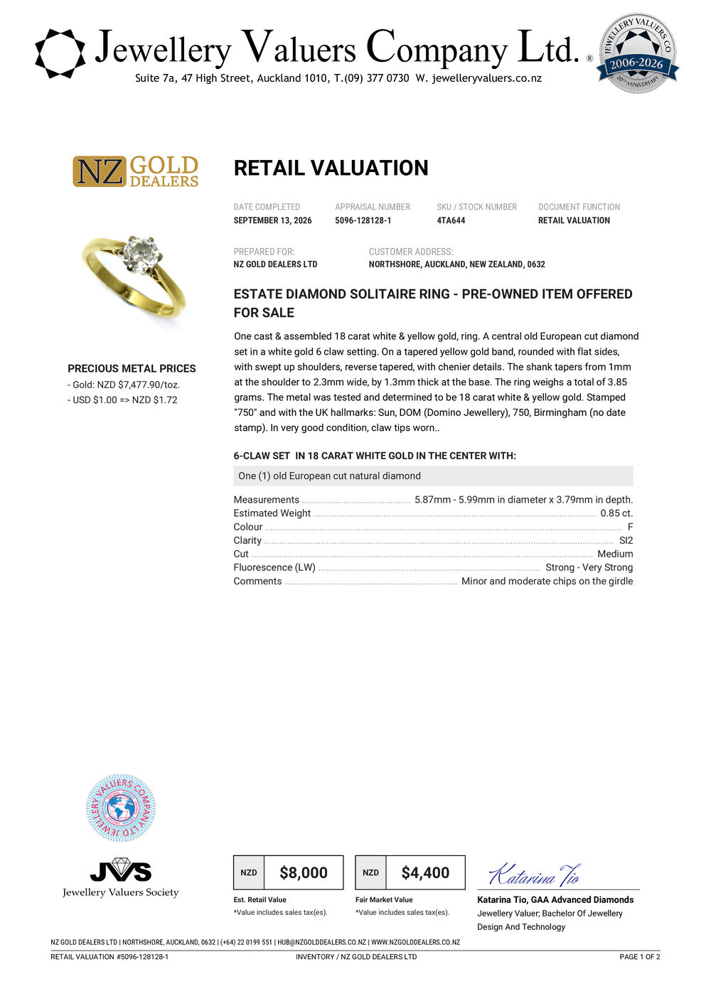 NZGD | 18ct Gold European Solitaire Ring Valuation $8,000
