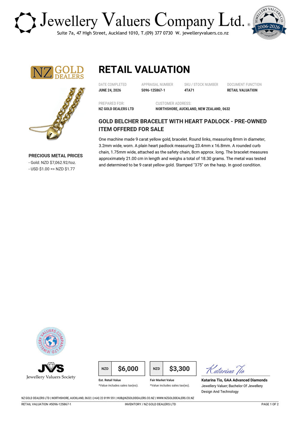 NZGD | 9ct Gold Classic Love Lock Bracelet Valuation $6,000