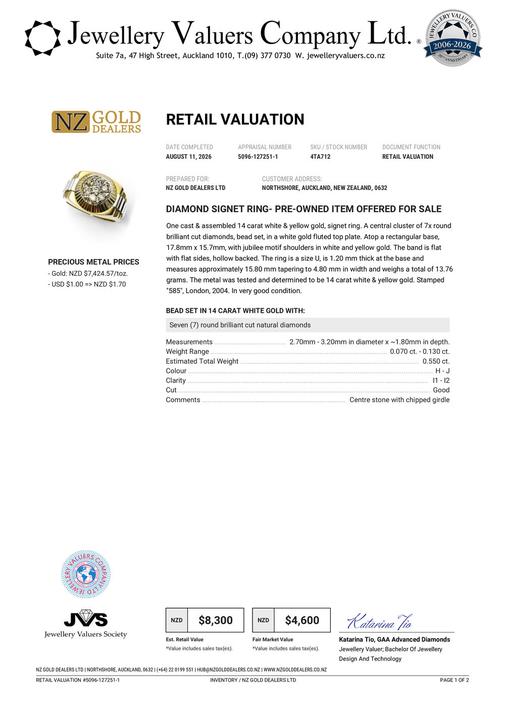 NZGD | 14ct Y/W Gold Regal Watchline Halo Ring Valuation $8,300