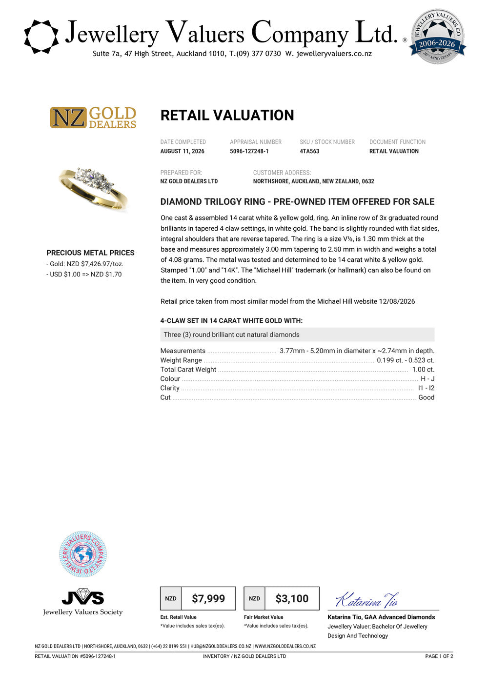 NZGD | 14ct Gold  Classic Michael Hill Crownline Ring Valuation $7,999