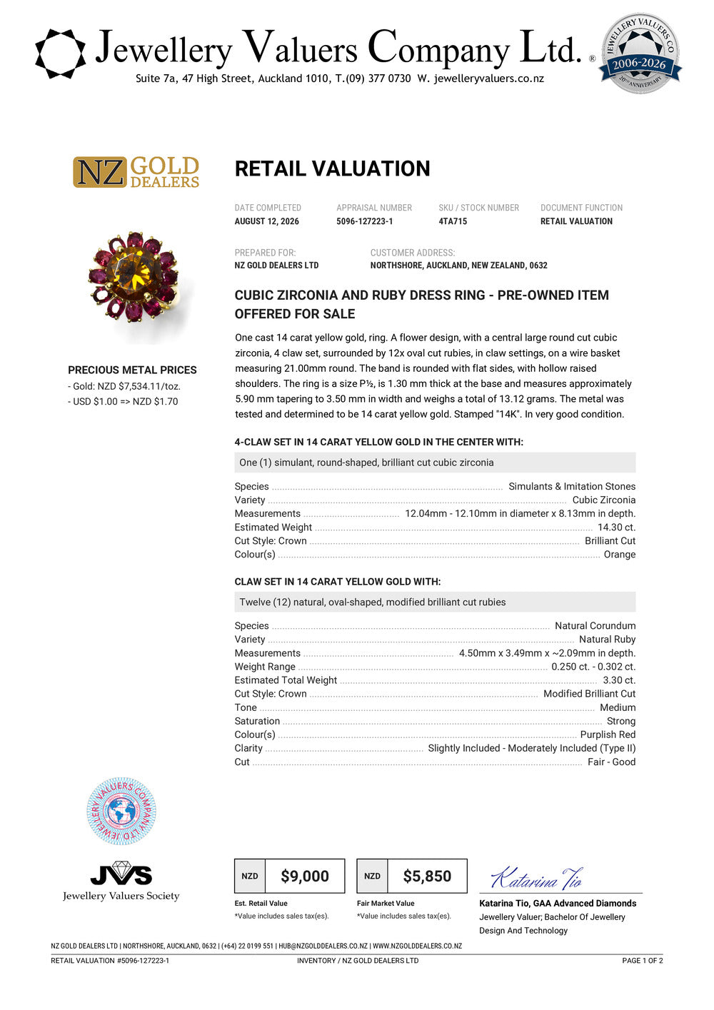 NZGD | 14ct Gold Ruby Bloom Ring Valuation $9,000