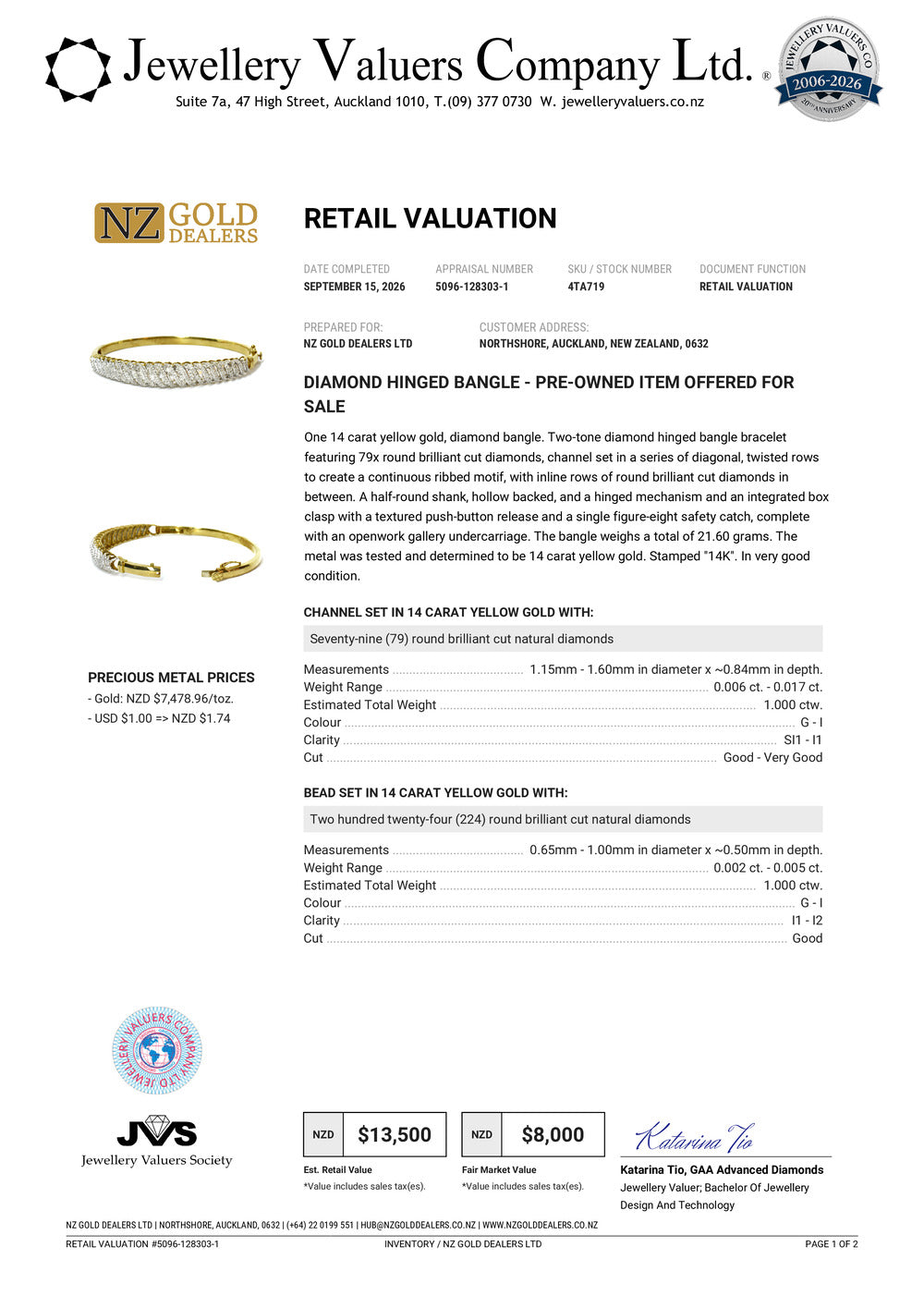 NZGD | 14ct Gold Celestial Diamond Bangle TDW 2.0ct Valuation $13,500