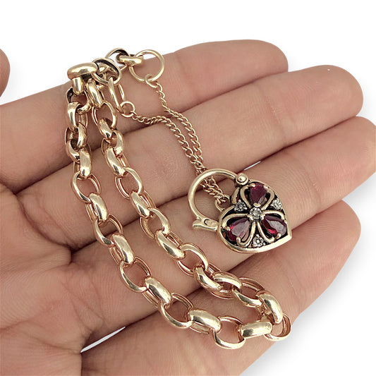NZGD | 9ct Gold Vintage Ruby Heartlock Belcher Bracelet 20cm