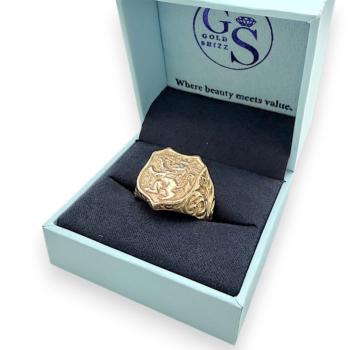 NZGD | 9ct Gold Crested Lion Signet Ring Size V