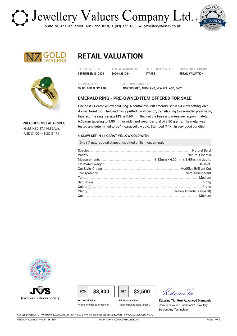 NZGD | 14ct Gold Emerald Dawnlight Ring Valuation $3,800