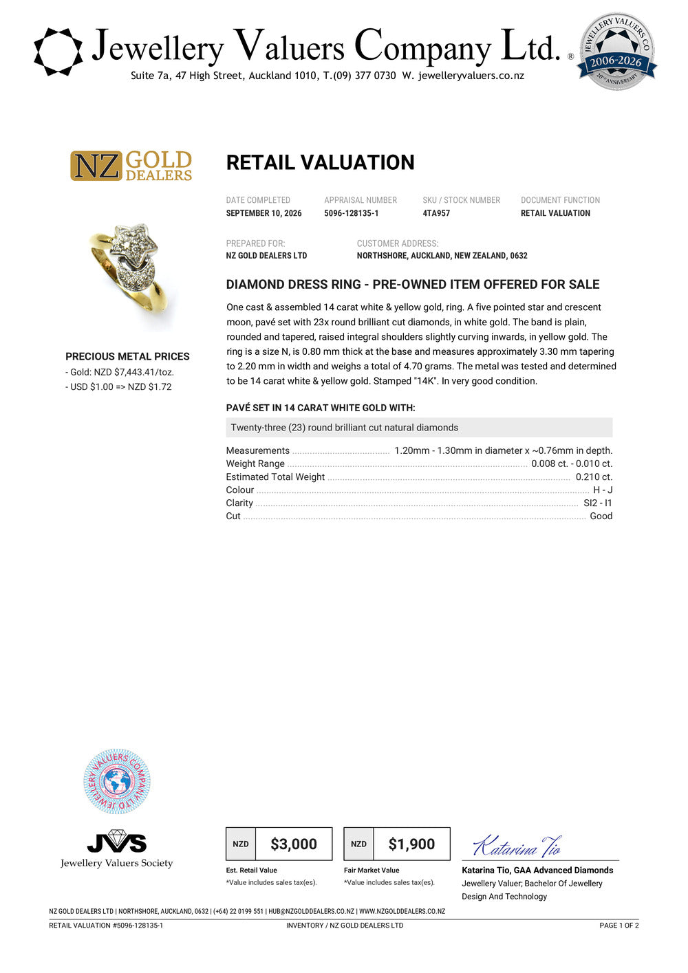 NZGD | 14ct Gold Celestial Star & Moon Glow Ring Valuation $3,000