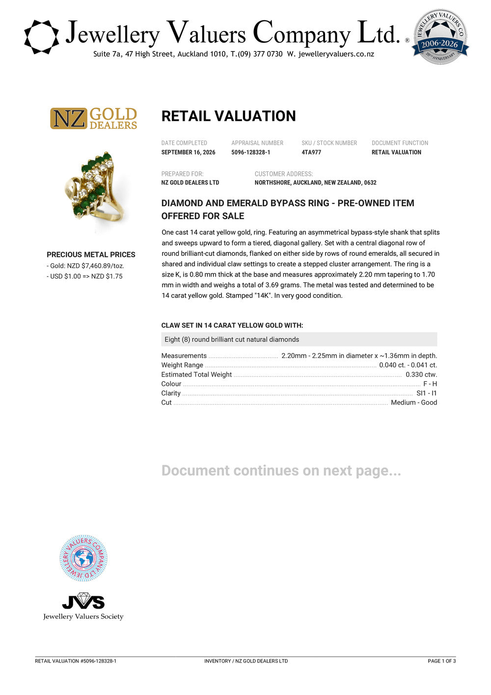 NZGD | 14ct Gold Vintage Emerald & Diamond Ring Valuation $3,150