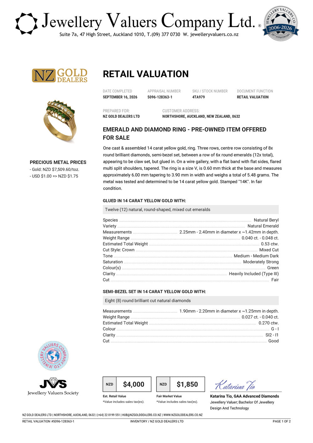 NZGD | 14ct Gold Heirloom Emerald Diamond Ring Valuation $4,000