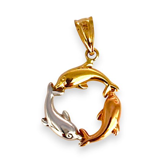 9ct Yellow, White & Rose Gold Trio of Dolphins Pendant. R # 675