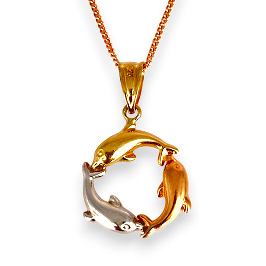 9ct Yellow, White & Rose Gold Trio of Dolphins Pendant. R # 675
