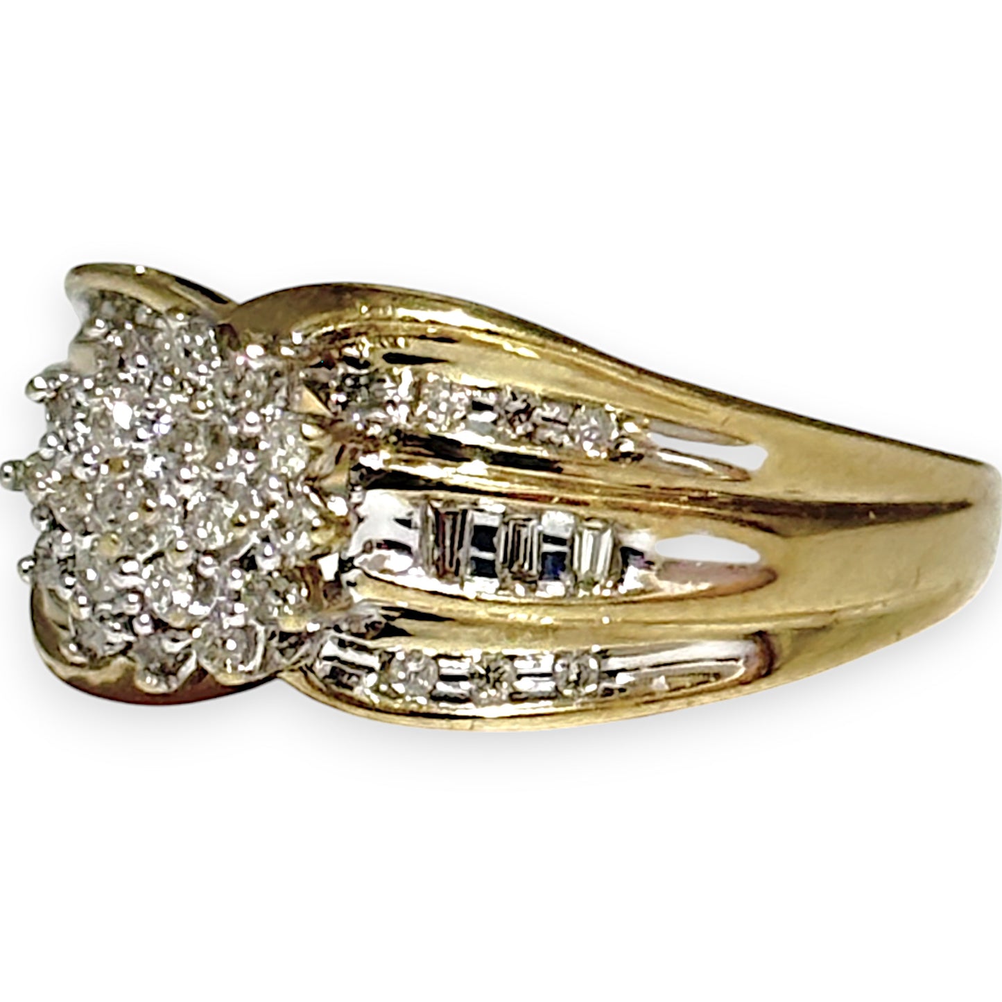 9ct Gold Triple Tier Cluster & Baguette Diamond Ring, Valuation $2,150. R # 690