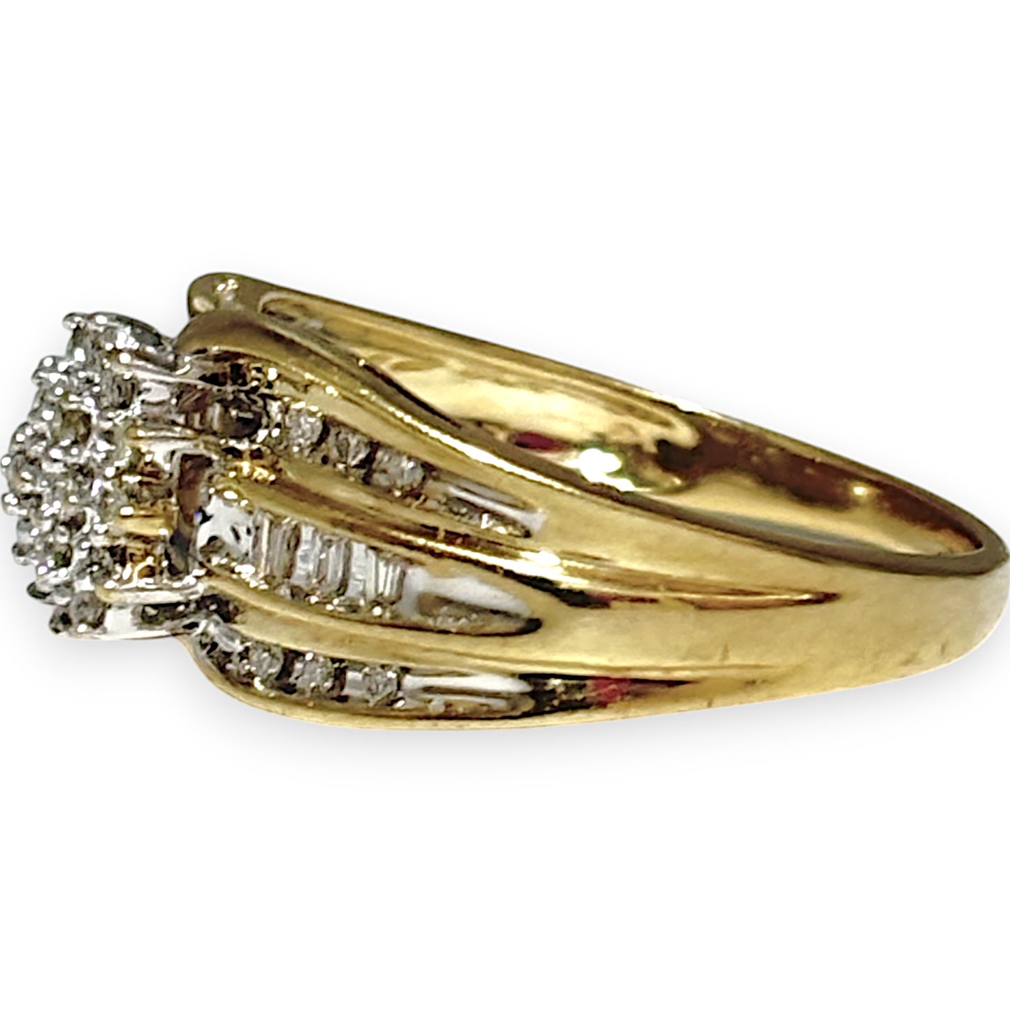 9ct Gold Triple Tier Cluster & Baguette Diamond Ring, Valuation $2,150. R # 690