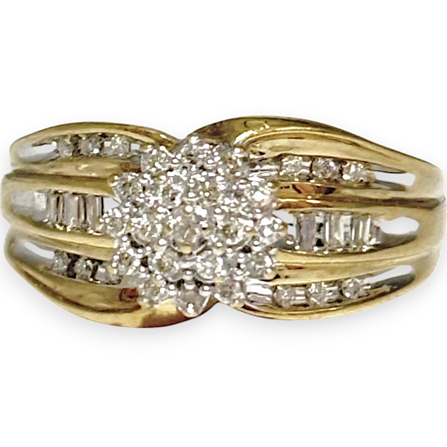 9ct Gold Triple Tier Cluster & Baguette Diamond Ring, Valuation $2,150. R # 690