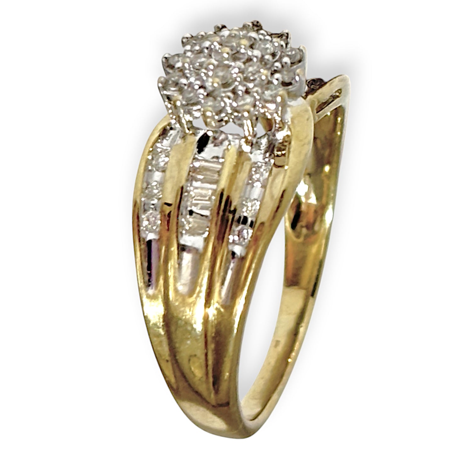 9ct Gold Triple Tier Cluster & Baguette Diamond Ring, Valuation $2,150. R # 690