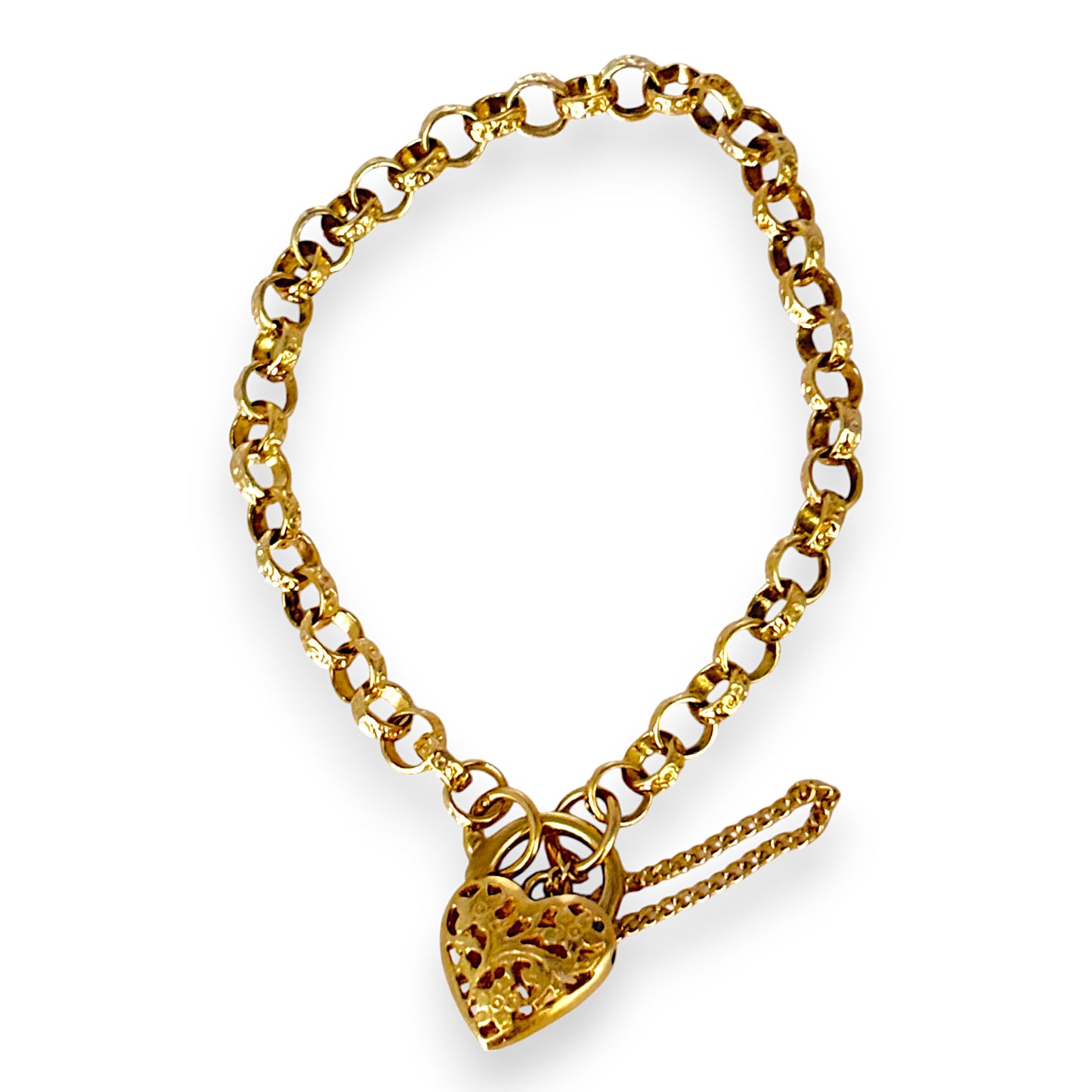 9ct Gold Belcher Bracelet Length 20cm Heart Padlock, Valuation $3,200. R # 729