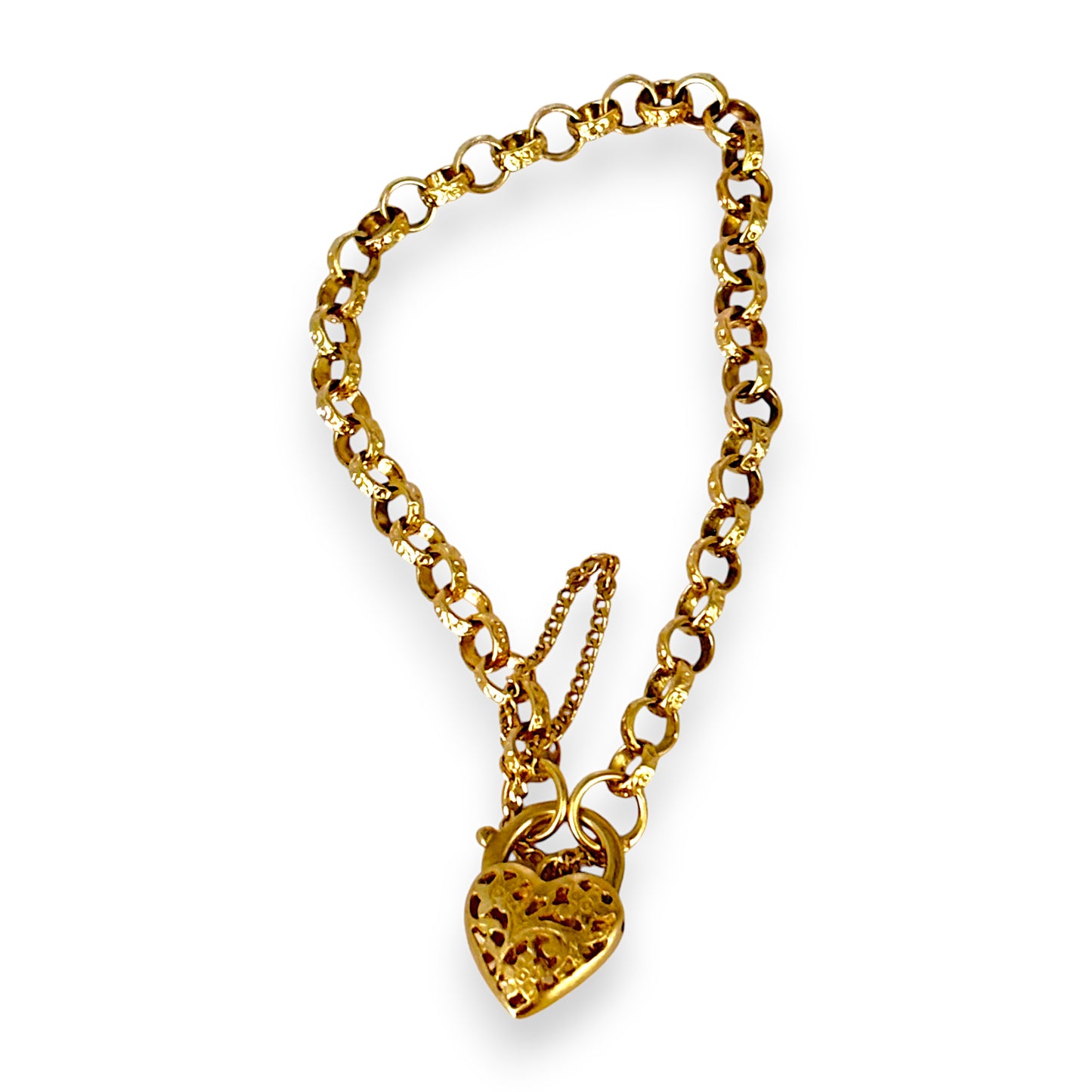 9ct Gold Belcher Bracelet Length 20cm Heart Padlock, Valuation $3,200. R # 729