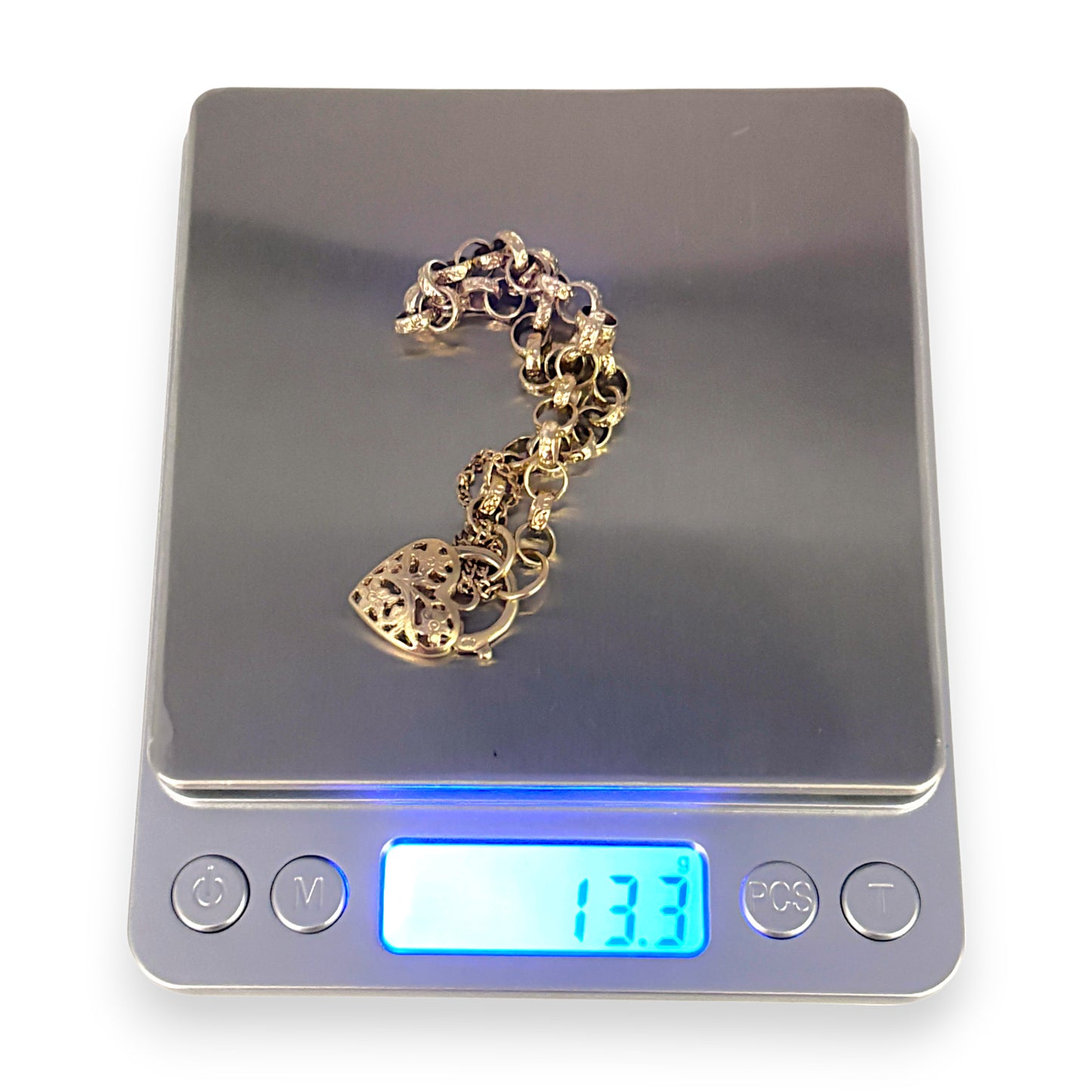 9ct Gold Belcher Bracelet Length 20cm Heart Padlock, Valuation $3,200. R # 729