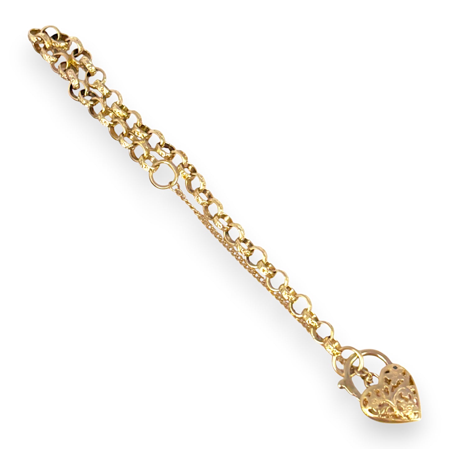 9ct Gold Belcher Bracelet Length 20cm Heart Padlock, Valuation $3,200. R # 729