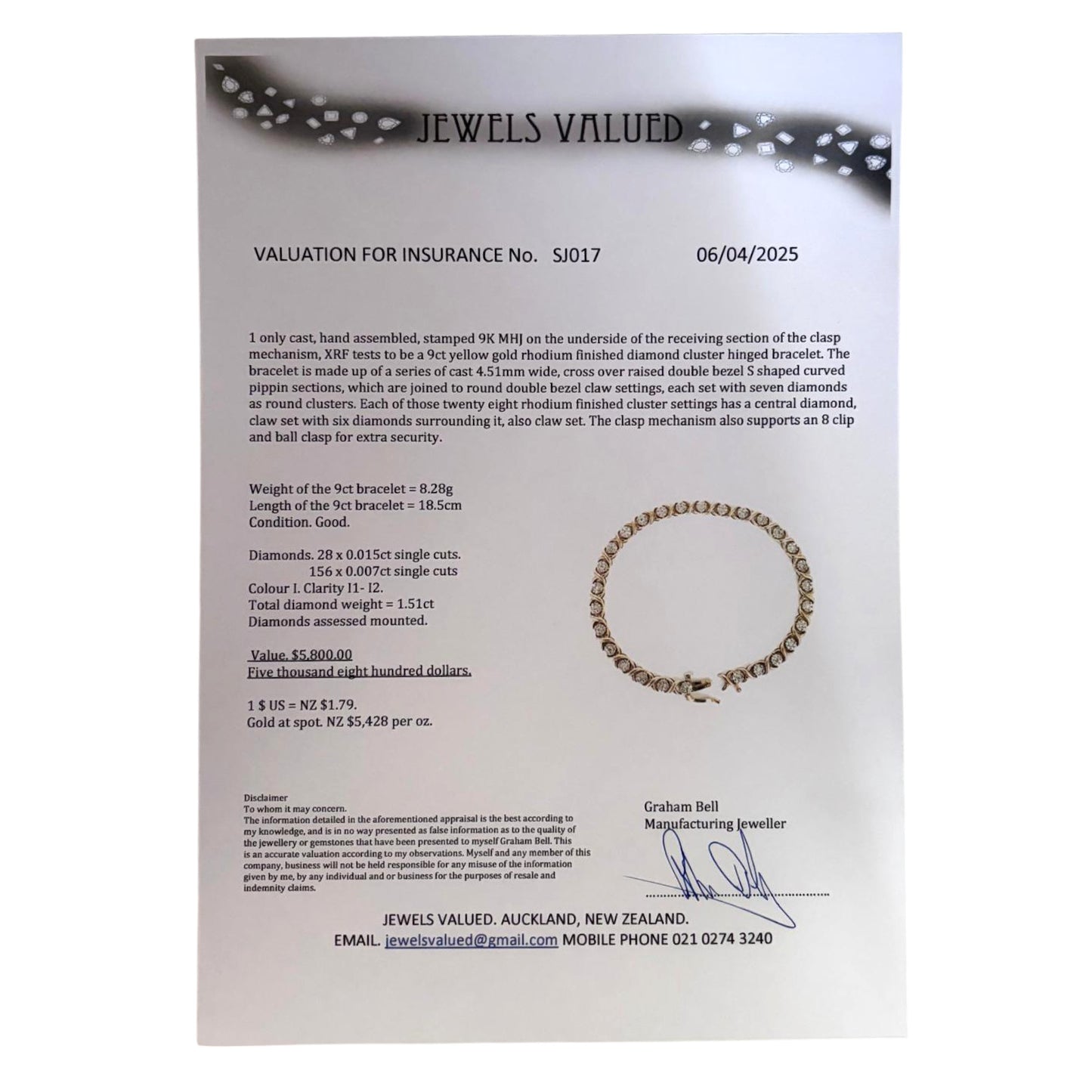 9ct Gold Diamond Cluster Hinged Bracelet Length 18.5cm Valuation $5,800. R # 735